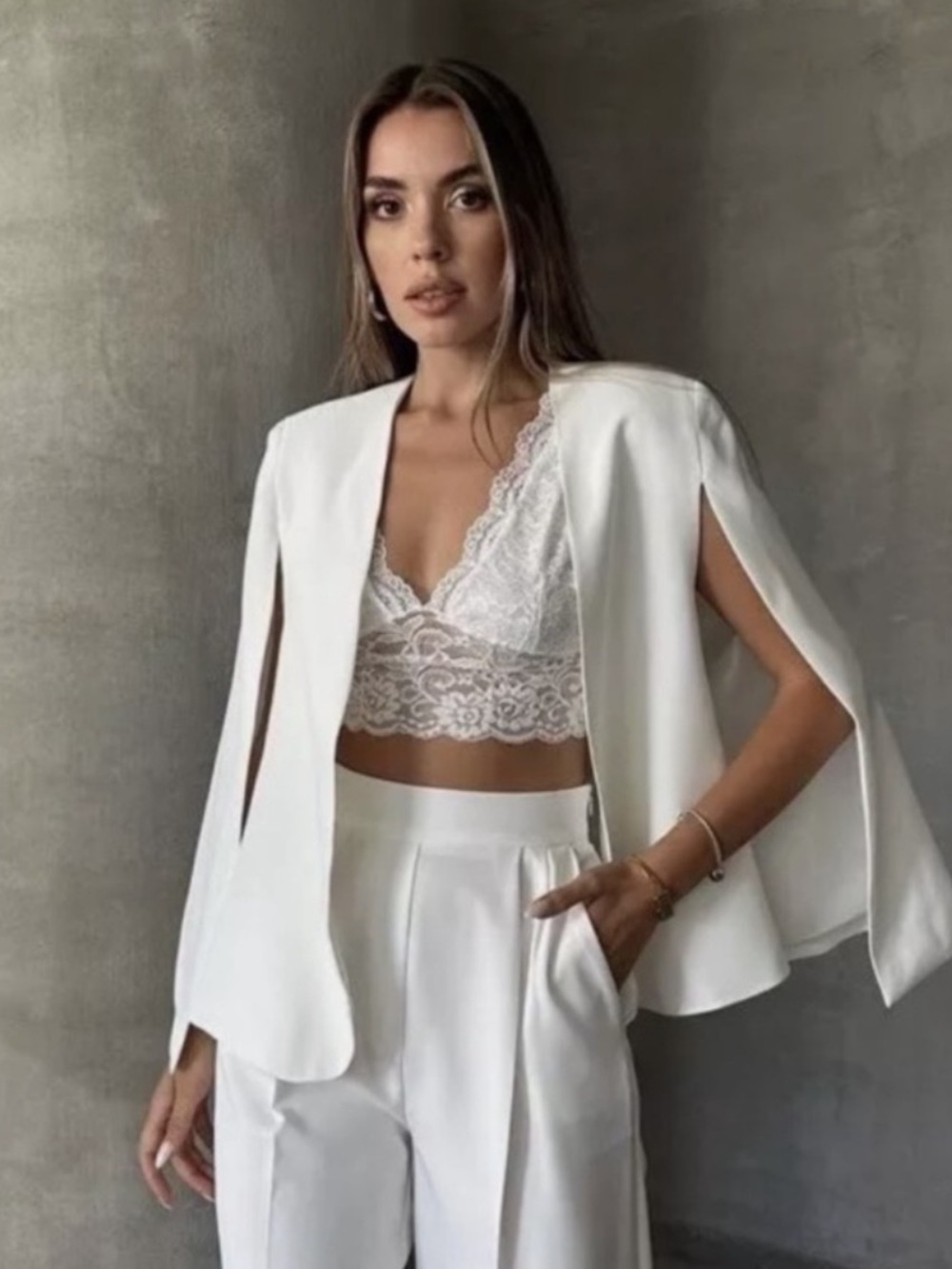 Zara White Open-Front Cape Blazer